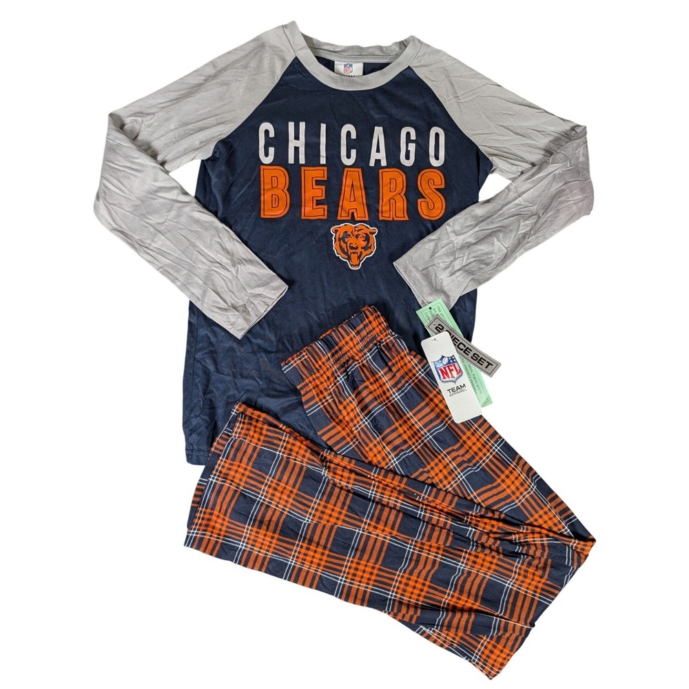 NFL Team Apparel Chicago Bears Youth Pajama Set Navy Orange Plaid 2Piece L 12-14